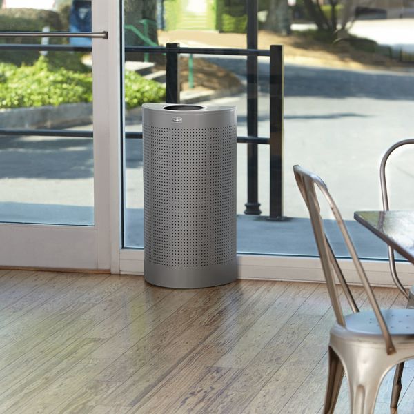 12 gal Half-Round Trash Can, Silver Metallic, 17 1/2 in Dia, None, Steel, Rigid Plastic