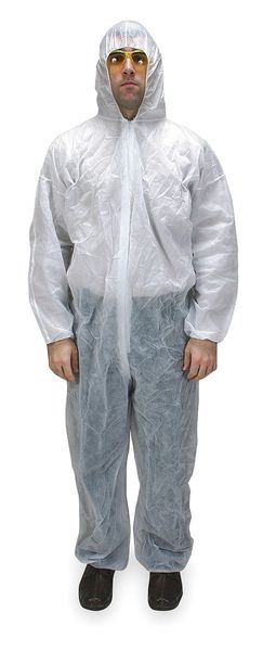 Hooded Disposable Coveralls, 25 PK, White, Polypropylene, Zipper