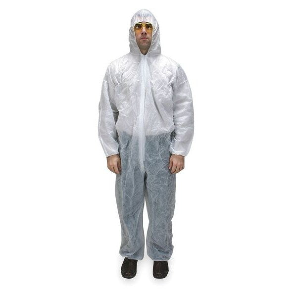 Hooded Disposable Coveralls, 25 PK, White, Polypropylene, Zipper