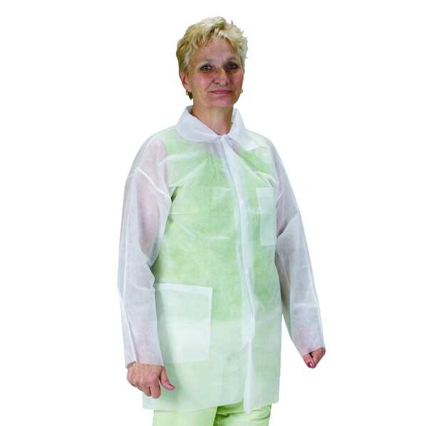 Disposable Lab Coat, Mandarin Collar, Polypropylene, Button Closure, Open Cuff, 2XL, White, 25 Pack