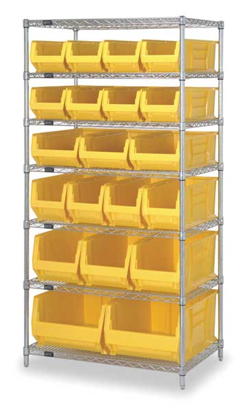 Steel, Polypropylene Bin Shelving, 36 in W x 74 in H x 24 in D, 7 Shelves, Yellow