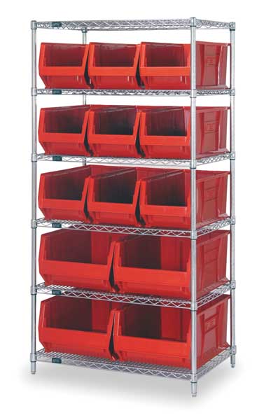 Steel, Polypropylene Bin Shelving, 36 in W x 74 in H x 30 in D, 6 Shelves, Red