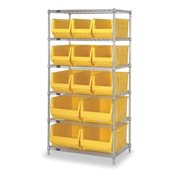 Steel, Polypropylene Bin Shelving, 36 in W x 74 in H x 30 in D, 6 Shelves, Yellow