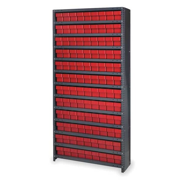 Steel Enclosed Bin Shelving, 36 in W x 75 in H x 12 in D, 13 Shelves, Red