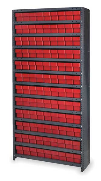 Steel Enclosed Bin Shelving, 36 in W x 75 in H x 18 in D, 13 Shelves, Red