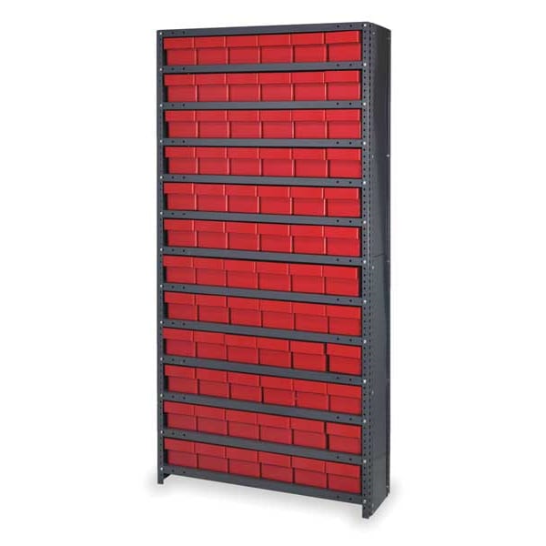 Steel Enclosed Bin Shelving, 36 in W x 75 in H x 12 in D, 13 Shelves, Red