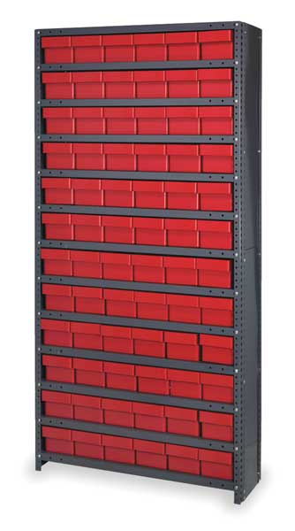 Enclosed Bin Shelving with 72 Drawers, Steel Frame ; Polystyrene Bin, 36 in W x 75 in H x 18 in D