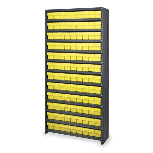 Steel Enclosed Bin Shelving, 36 in W x 75 in H x 12 in D, 13 Shelves, Yellow