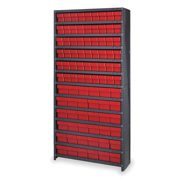 Enclosed Bin Shelving with 36 Drawers, Steel Frame ; Polystyrene Bin, 36 in W x 75 in H x 18 in D