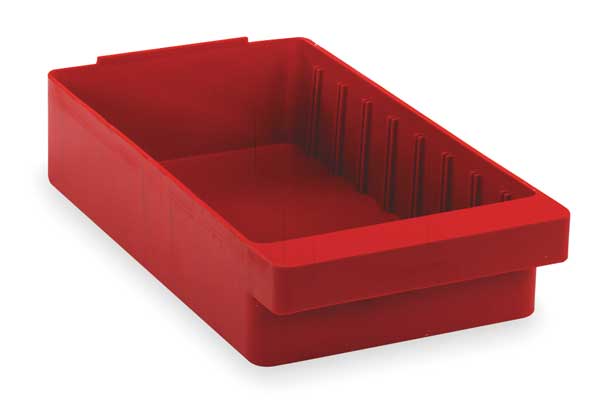 Drawer Storage Bin, Red, High Impact Polystyrene, 11 1/8 in W x 4 5/8 in H, 25 lb Load Capacity
