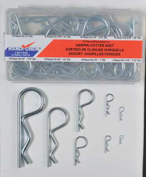 Hairpin Cotter Asst, Zinc, 74 Pcs, 8 Sizes