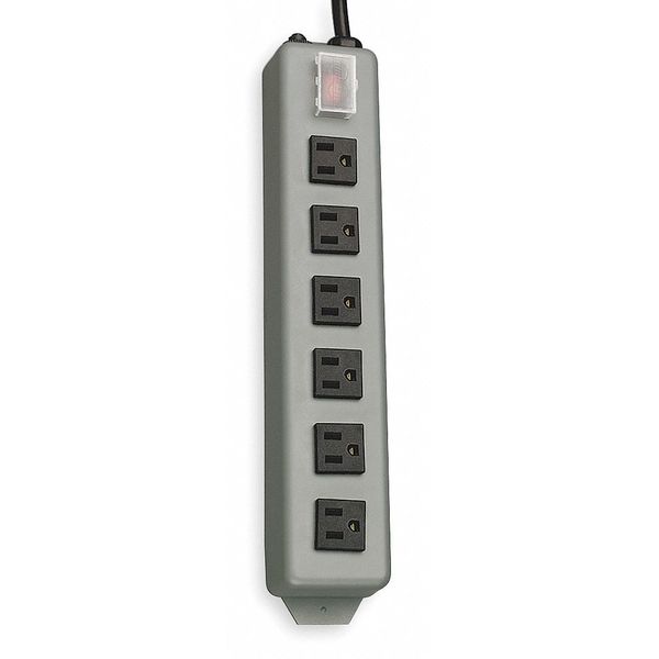 Outlet Strip, 15A, 6 Outlet, 15 ft, Gray