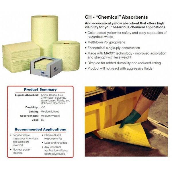 Sorbents, 40 gal. Harsh Chemicals Absorbed, Black, Red, Yellow, Polypropylene