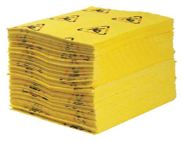 Sorbents, 22 gal/pk, 28 oz/pad, Harsh Chemicals Absorbed, Black, Red, Yellow, Polypropylene, 100 PK