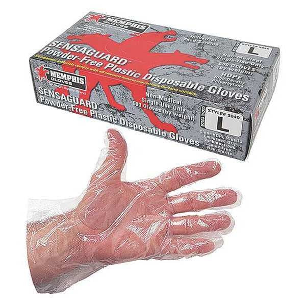 Disposable Gloves with Embossed Grip, Polyethylene, Powder Free, Clear, L, 500 PK