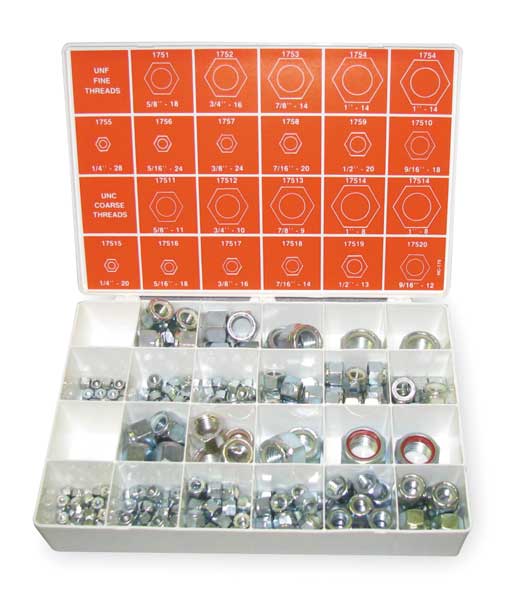 Zinc Plated Finish Steel Nylon Insert Hex Lock Nut Assortment, 267 pc.
