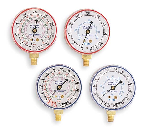 Gauge, 2-1/2 In Dia, High Side, Red, 500 psi
