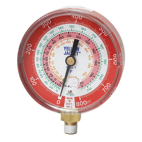 Gauge, 3-1/8 In Dia, High Side, Red, 800 psi