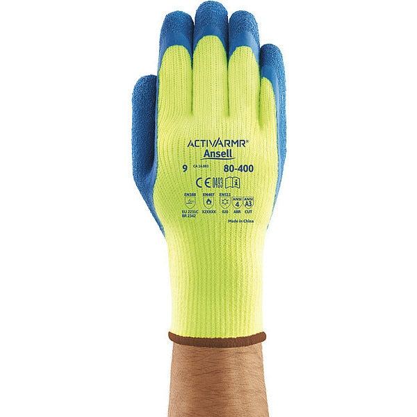 Hi-Vis Cut Resistant Coated Gloves, A3 Cut Level, Natural Rubber Latex, XL, 1 PR