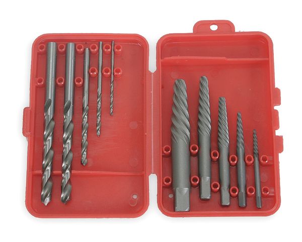 Screw Extractor Set, Spiral Flute, For 3/32 to 5/8 in Bolt Size, Carbon Steel, 10-Piece