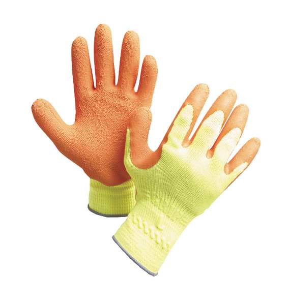 Natural Rubber Latex Hi-Vis Coated Gloves, Palm Coverage, Orange/Yellow, L, PR