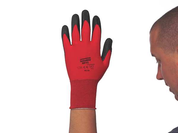 Foam Nitrile Coated Gloves, NorthFlex Red, Palm Coverage, Abrasion Level 4, Red/Gray, L, 1 Pair