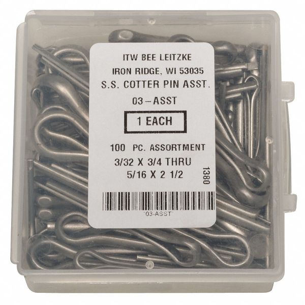 Cotter Pin Asst, 18-8,100 Pcs, 14 Sizes