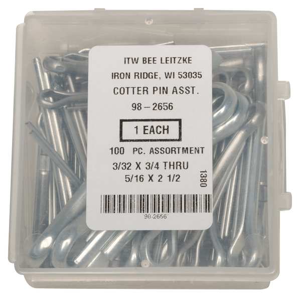 Cotter Pin Asst, LCS, Zinc, 100 Pcs, 14Sizes