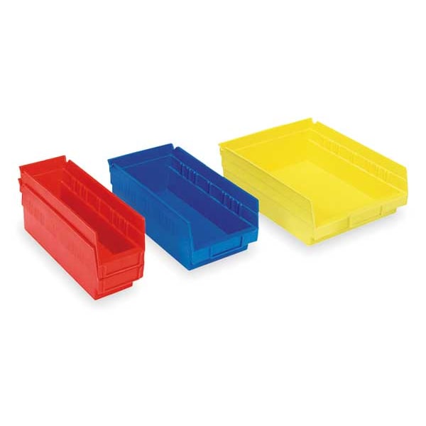 Shelf Storage Bin, Red, Plastic, 23 5/8 in L x 4 1/8 in W x 4 in H, 20 lb Load Capacity