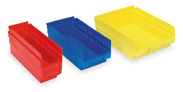 Shelf Storage Bin, Red, Plastic, 17 7/8 in L x 4 1/8 in W x 4 in H, 15 lb Load Capacity