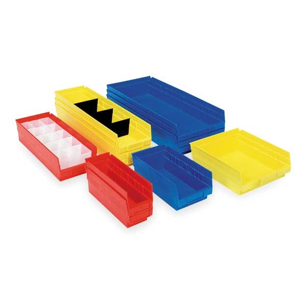 Shelf Storage Bin, Red, Plastic, 23 5/8 in L x 4 1/8 in W x 4 in H, 20 lb Load Capacity