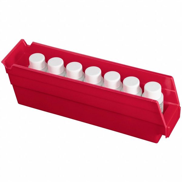 Shelf Storage Bin, Red, Plastic, 11 5/8 in L x 2 3/4 in W x 4 in H, 7 lb Load Capacity