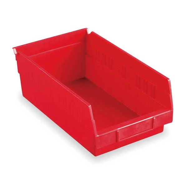Shelf Storage Bin, Red, Plastic, 11 5/8 in L x 8 3/8 in W x 4 in H, 15 lb Load Capacity