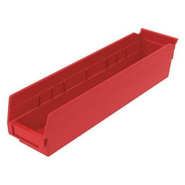 Shelf Storage Bin, Red, Plastic, 17 7/8 in L x 4 1/8 in W x 4 in H, 15 lb Load Capacity