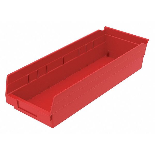 Shelf Storage Bin, Red, Plastic, 17 7/8 in L x 6 5/8 in W x 4 in H, 20 lb Load Capacity