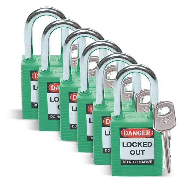 Lockout Padlock, Keyed Different, Nylon, Standard Body Size, 1-3/4 in H, Green, Pack of 6