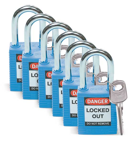 Lockout Padlock, Keyed Different, Nylon, Standard Body Size, 1-3/4 in H, Blue, Pack of 6