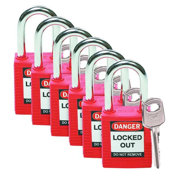 Lockout Padlock, Keyed Different, Nylon, Standard Body Size, 1-3/4 in H, Red, Pack of 6