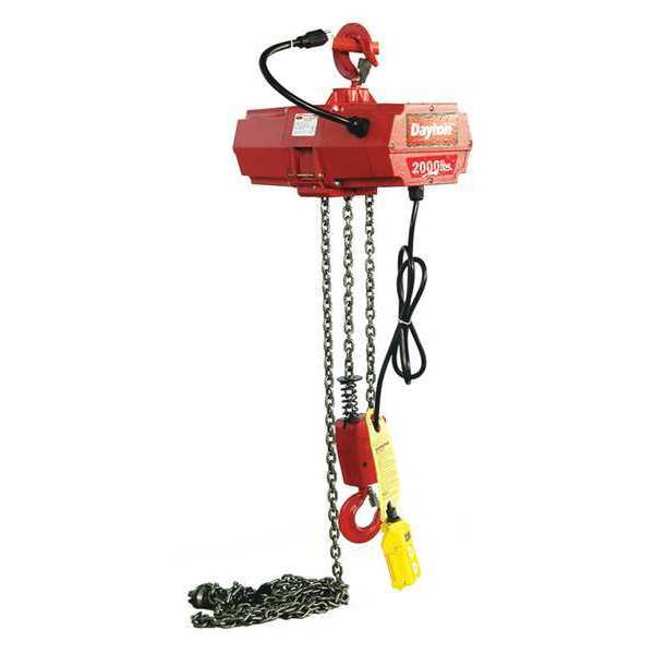 Electric Chain Hoist, 2,000 lb, 20 ft, Hook Mounted - No Trolley, Red