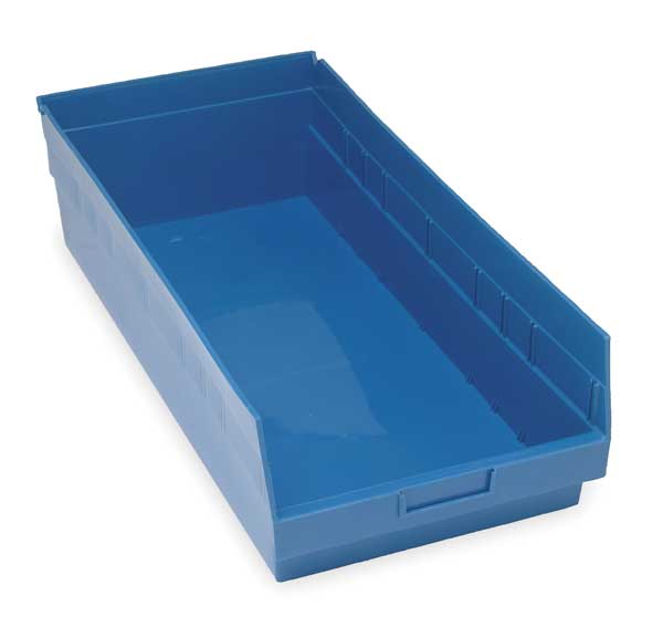 Shelf Storage Bin, Blue, Polypropylene, 23 5/8 in L x 11 1/8 in W x 6 in H, 50 lb Load Capacity