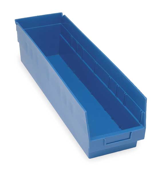 Shelf Storage Bin, Blue, Polypropylene, 23 5/8 in L x 6 5/8 in W x 6 in H, 50 lb Load Capacity