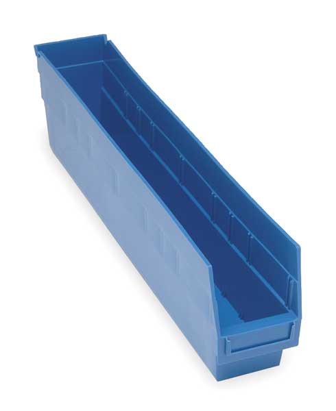 Shelf Storage Bin, Blue, Polypropylene, 23 5/8 in L x 4 1/8 in W x 6 in H, 50 lb Load Capacity
