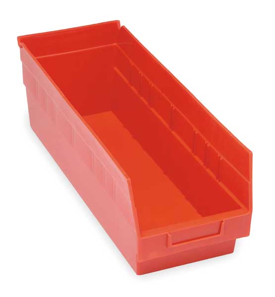 Shelf Storage Bin, Red, Polypropylene, 17 7/8 in L x 6 5/8 in W x 6 in H, 50 lb Load Capacity