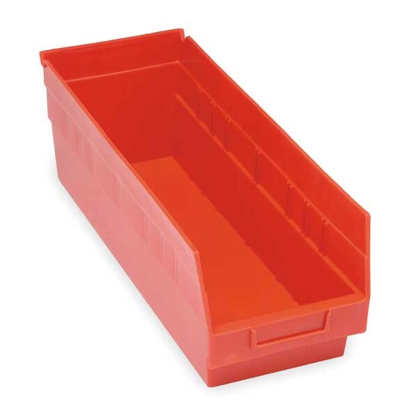 Shelf Storage Bin, Red, Polypropylene, 17 7/8 in L x 8 3/8 in W x 6 in H, 50 lb Load Capacity