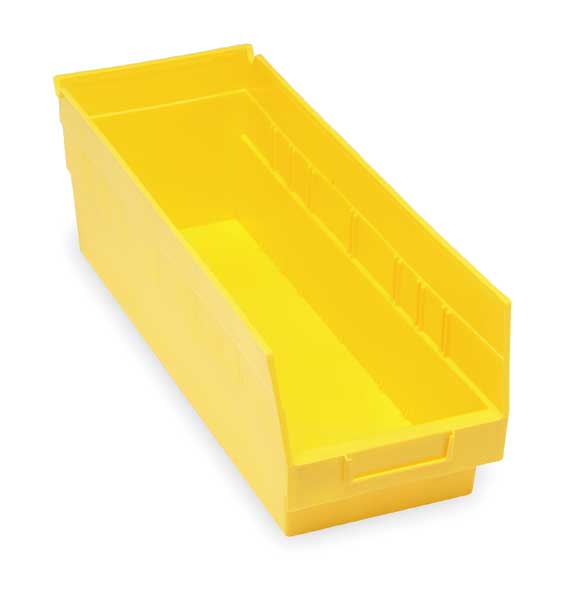 Shelf Storage Bin, Yellow, Polypropylene, 17 7/8 in L x 6 5/8 in W x 6 in H, 50 lb Load Capacity
