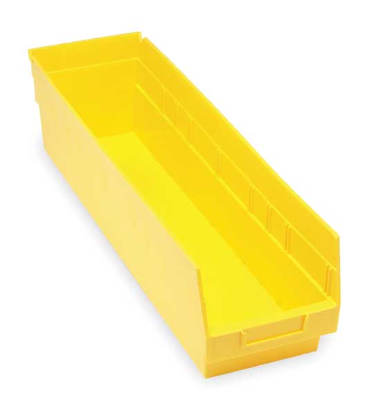 Shelf Storage Bin, Yellow, Polypropylene, 23 5/8 in L x 6 5/8 in W x 6 in H, 50 lb Load Capacity