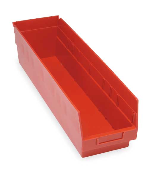 Shelf Storage Bin, Red, Polypropylene, 23 5/8 in L x 6 5/8 in W x 6 in H, 50 lb Load Capacity
