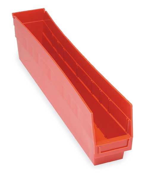 Shelf Storage Bin, Red, Polypropylene, 23 5/8 in L x 4 1/8 in W x 6 in H, 50 lb Load Capacity
