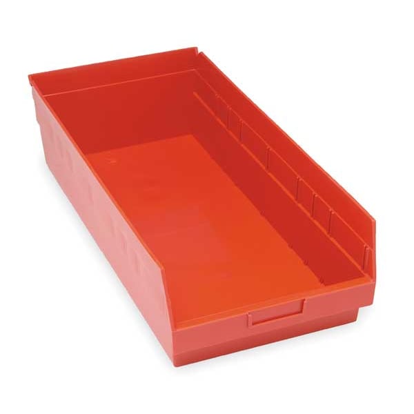 Shelf Storage Bin, Red, Polypropylene, 23 5/8 in L x 11 1/8 in W x 6 in H, 50 lb Load Capacity