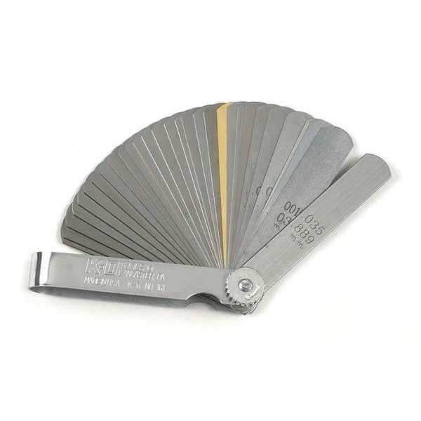Feeler Gauges, 32 Blade, 3 5/16 in L, 1/2 in W, Steel, 0.0015 in to 0.035 in
